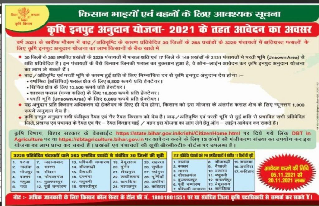 bihar krishi input anudan 2021 official notification in hindi