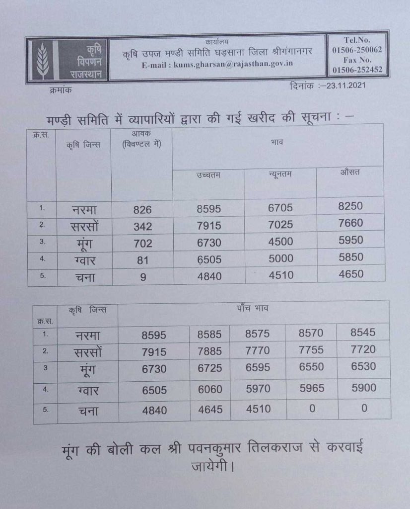 Gharsana Mandi bhav 23 November 2021