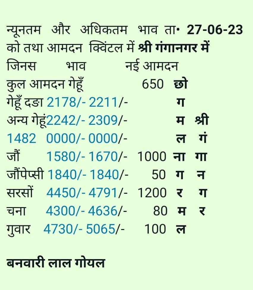 Sri Ganganagar mandi bhav 27 june 2023