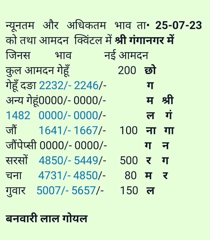 Sri Ganganagar Mandi bhav 25 July