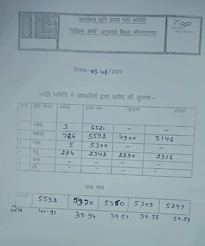 Anoopgarh Mandi Price 3 august