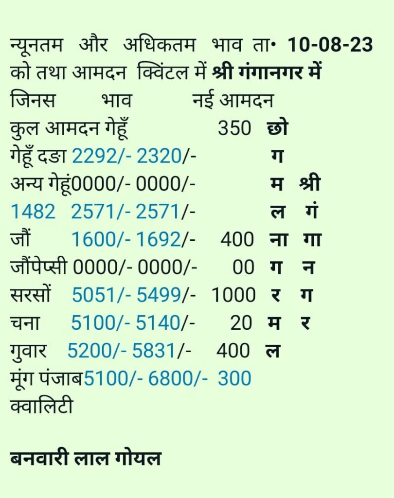 Sri Ganganagar Mandi Bhav 10 August