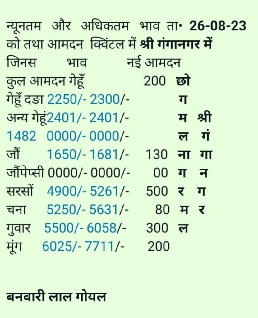 Sri Ganganagar mandi bhav 26 august