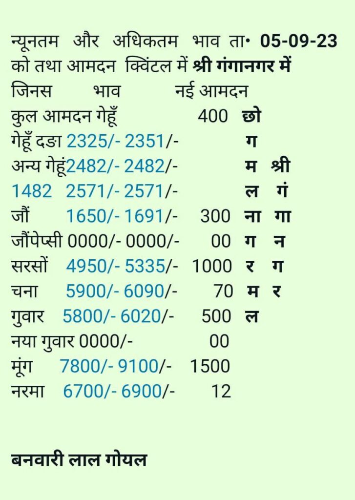 Sri Ganganagar Mandi Rate 5 Sept.