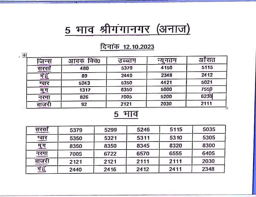sri ganganagar mandi bhav 12 oct