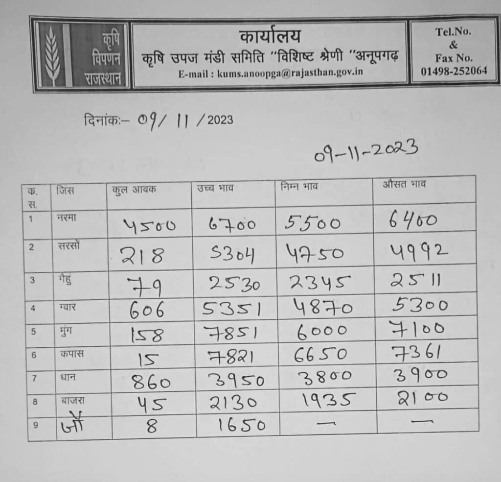 अनूपगढ़ मंडी भाव 09.11.2023