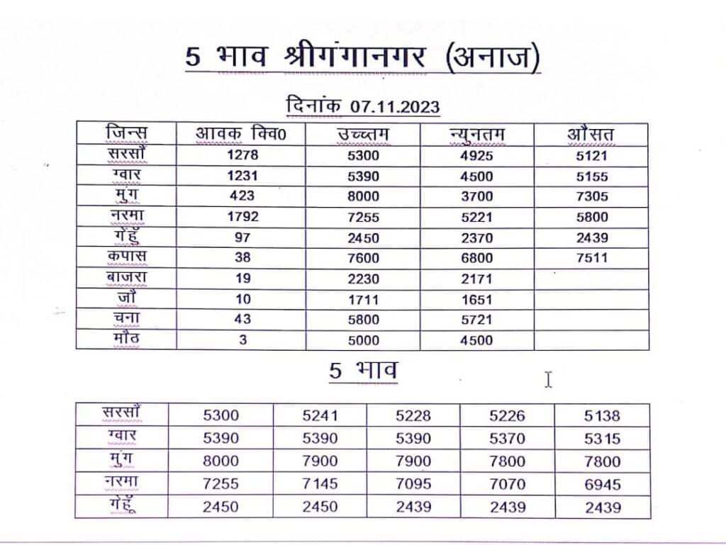 श्री गंगानगर अनाज मंडी भाव 7 नवंबर
