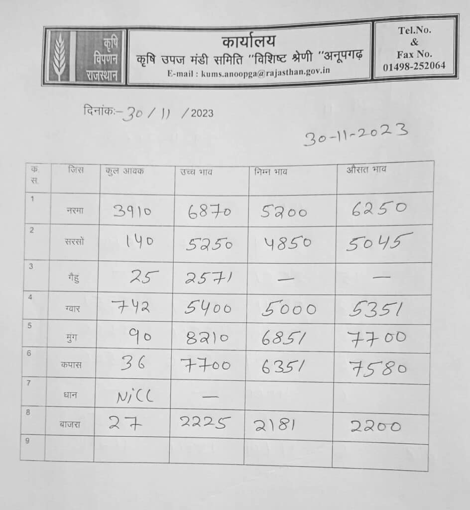 अनूपगढ़ मंडी भाव 30/11/2023