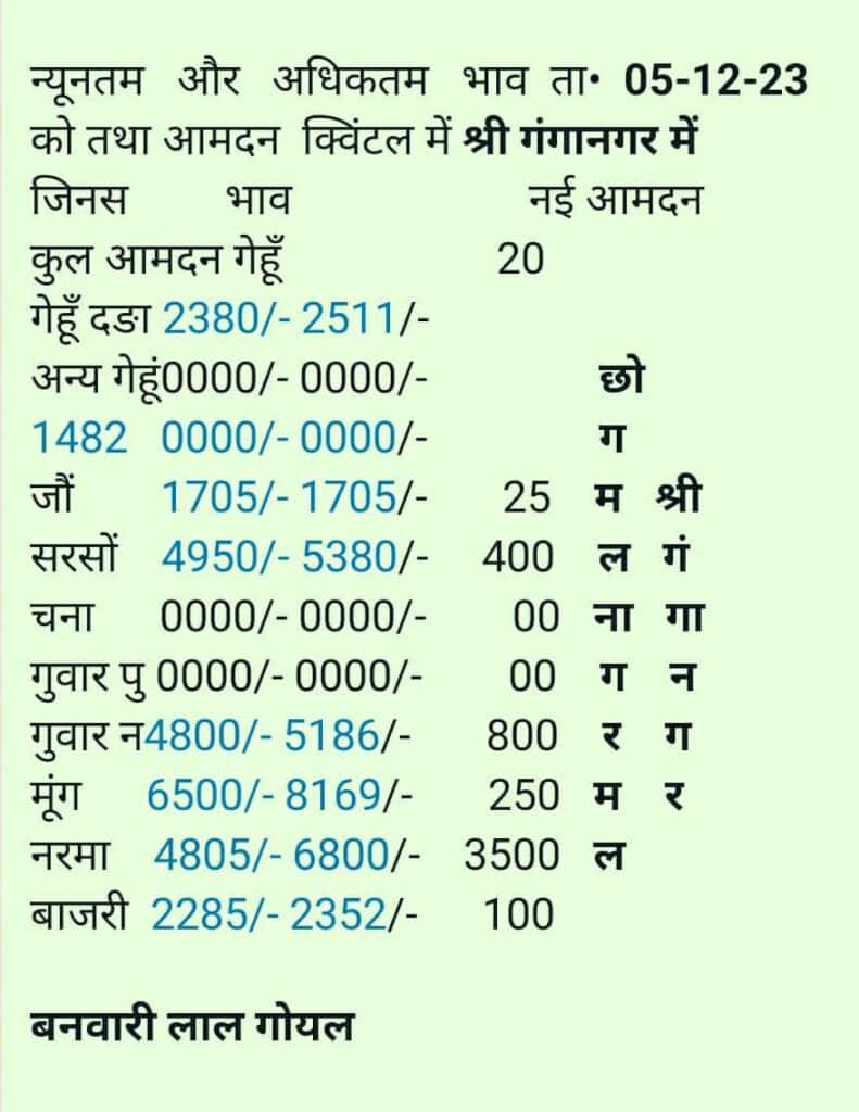 Sri Ganganagar Anaj Mandi Bhav 5th December 2023