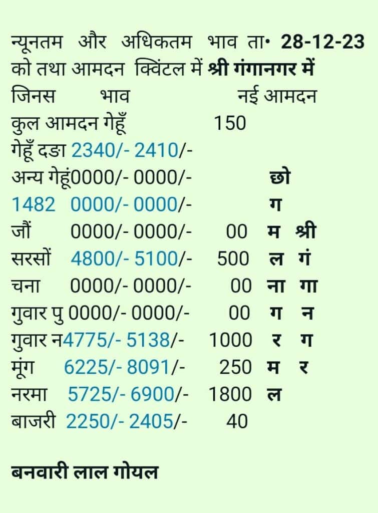 श्री गंगानगर मंडी भाव 28 दिसंबर 2023