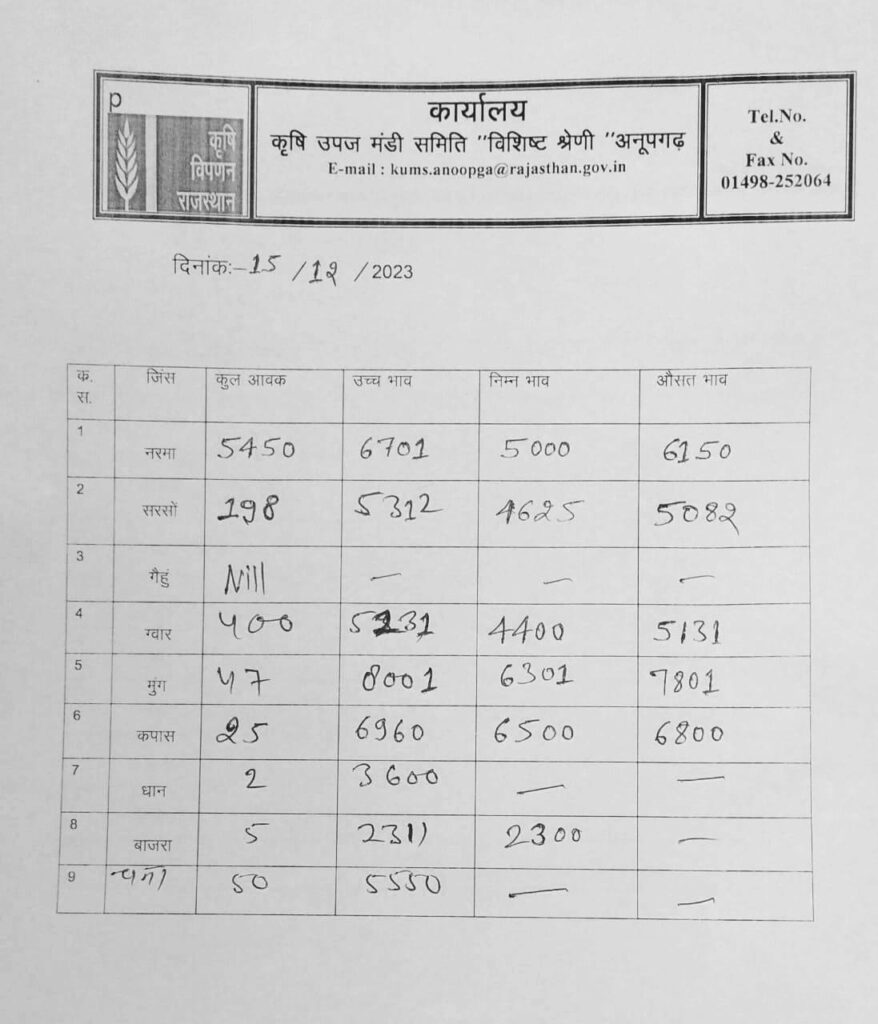 अनूपगढ़ मंडी का भाव 15-12-2023