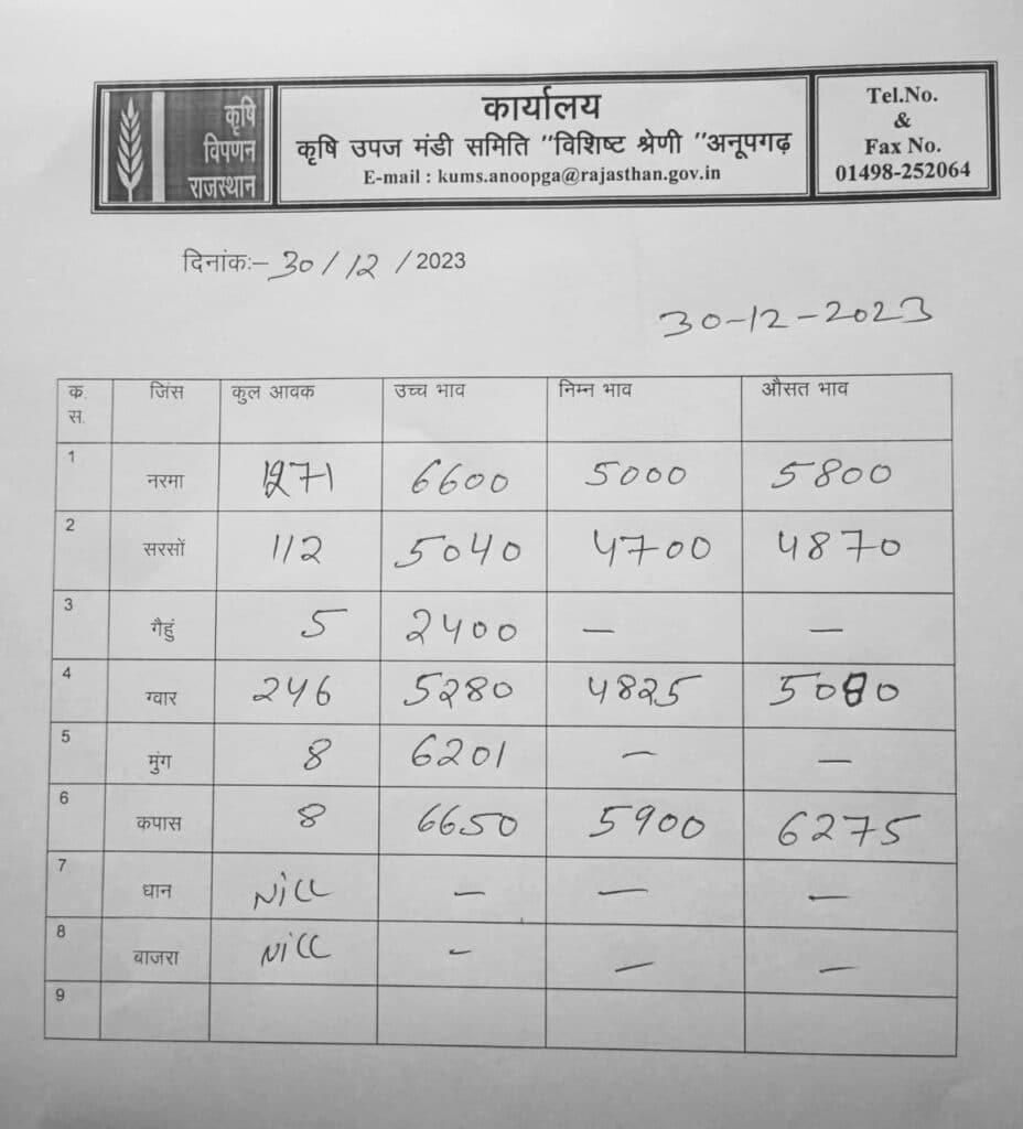 अनूपगढ़ मंडी का भाव 30/12/2023