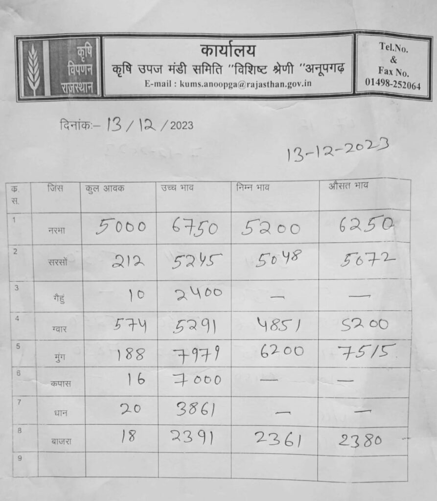 अनूपगढ़ मंडी भाव 13-12-2023