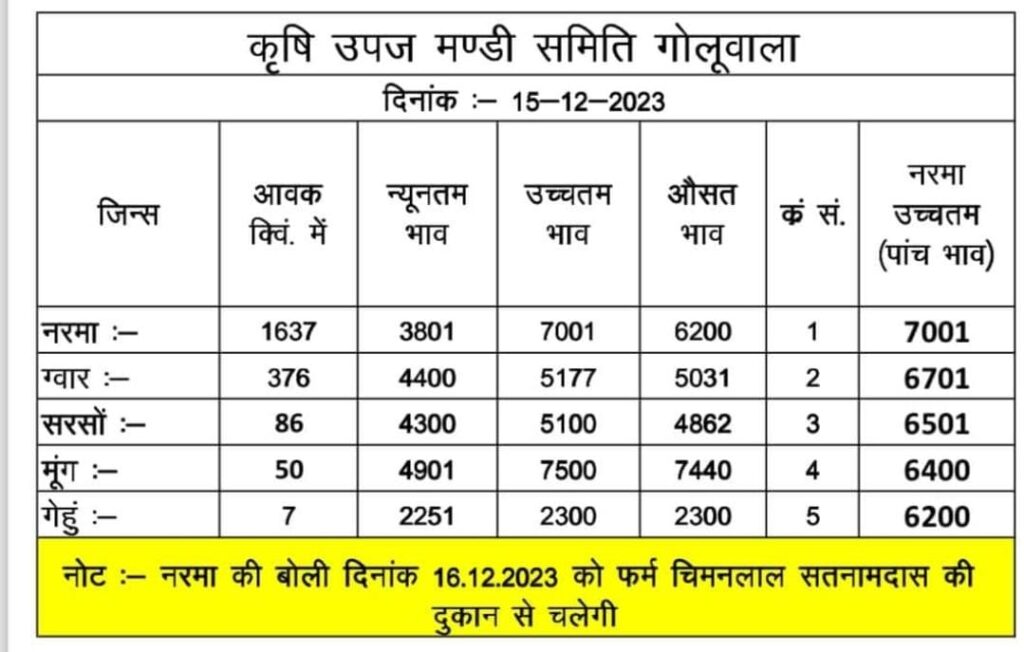 गोलूवाला मण्डी भाव 15-12-2023