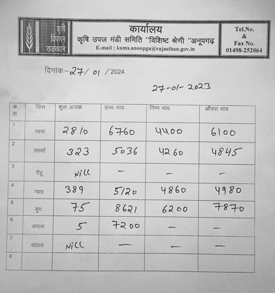 अनूपगढ मंडी भाव 27 जनवरी 2024
