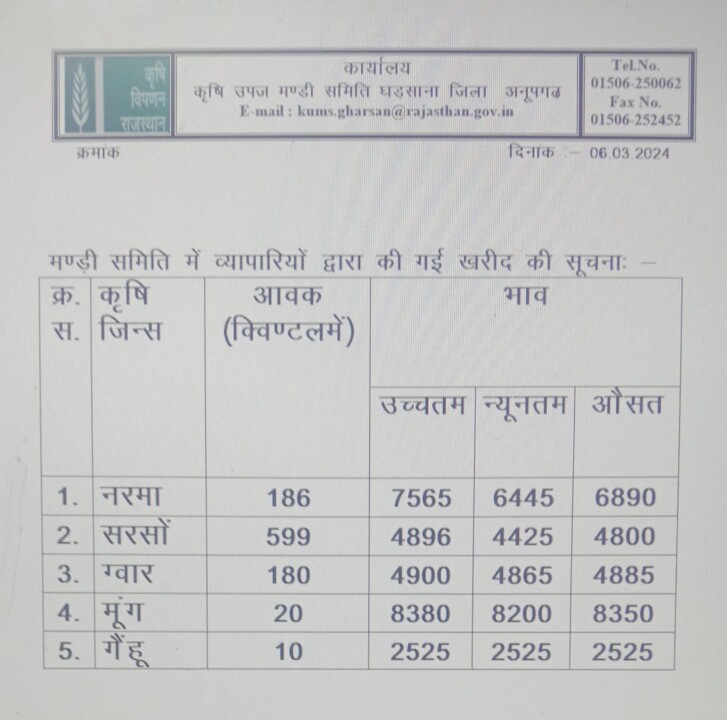 घड़साना मंडी भाव 06-03-2024