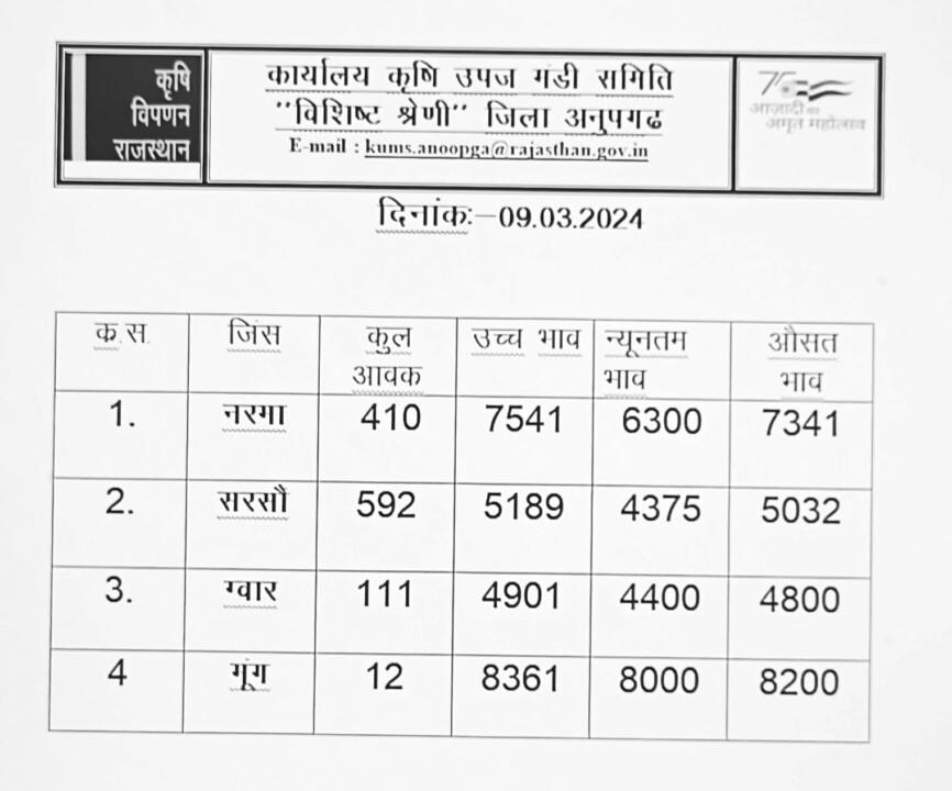 अनूपगढ़ मंडी भाव 9 मार्च 2024