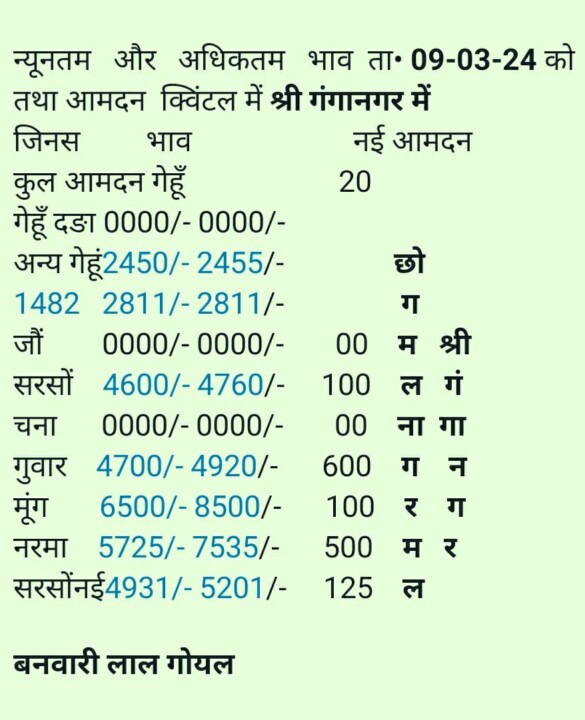 श्री गंगानगर मंडी भाव 9 मार्च 2024