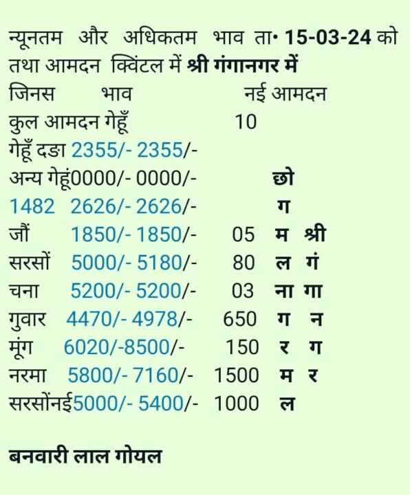 श्री गंगानगर मण्डी का भाव 15/03/2024