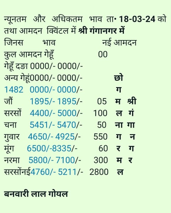 श्री गंगानगर मण्डी का भाव 18/03/2024