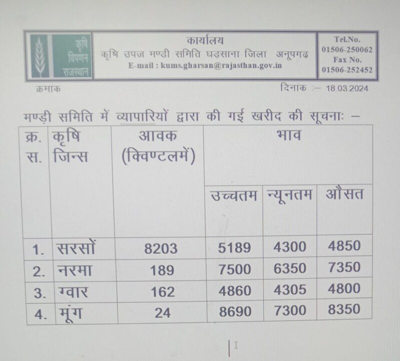 घड़साना मंडी के भाव 18.03.2024