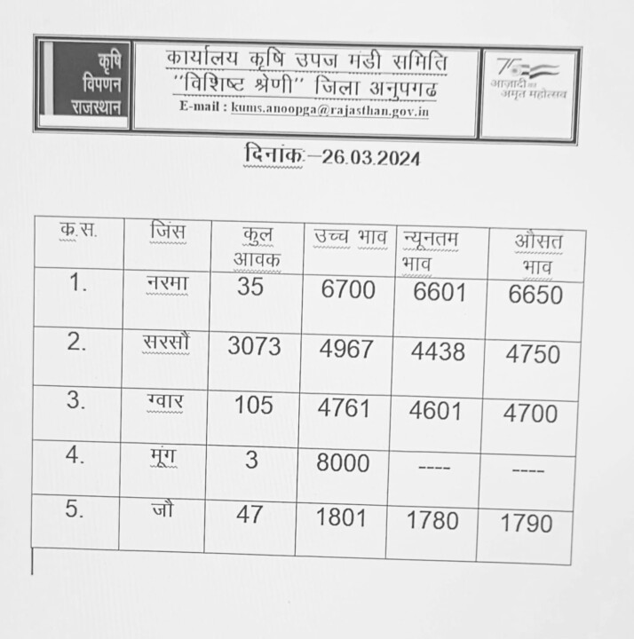 अनूपगढ़ मंडी भाव 26 मार्च 2024