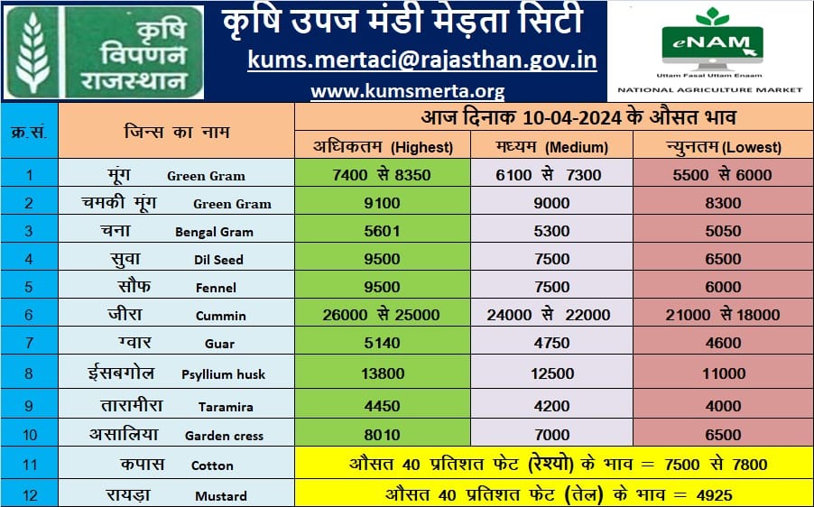 मेड़ता कृषि उपज मंडी भाव 10-04-2024