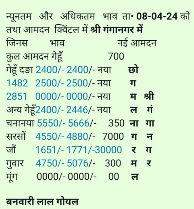 श्री गंगानगर अनाज मंडी का रेट 08-04-2024