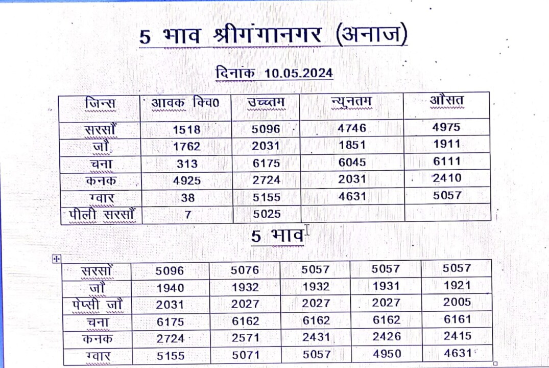 श्री गंगानगर मंडी भाव 10 मई 2024
