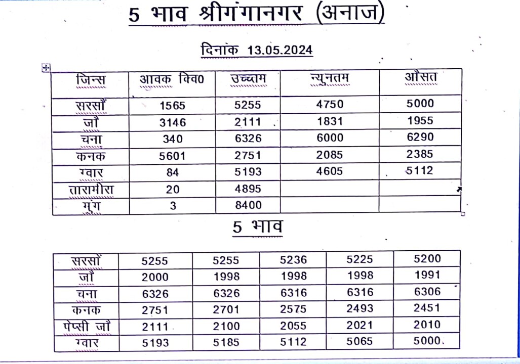 श्री गंगानगर मंडी भाव 13/05/2024