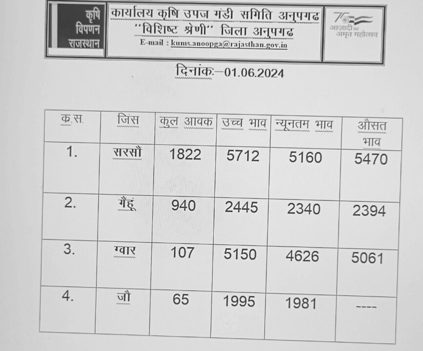 अनूपगढ़ मंडी के भाव आज 1 जून के