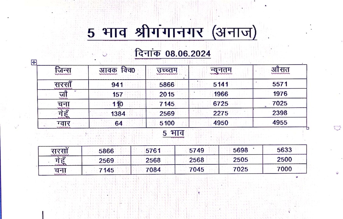 श्री गंगानगर मंडी के रेट 08/06/2024