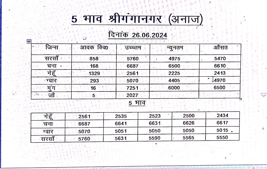 श्री गंगानगर अनाज मंडी भाव 26-06-2024