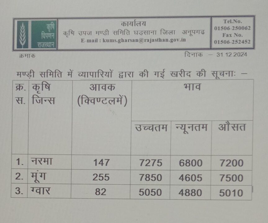 घड़साना मंडी भाव आज का