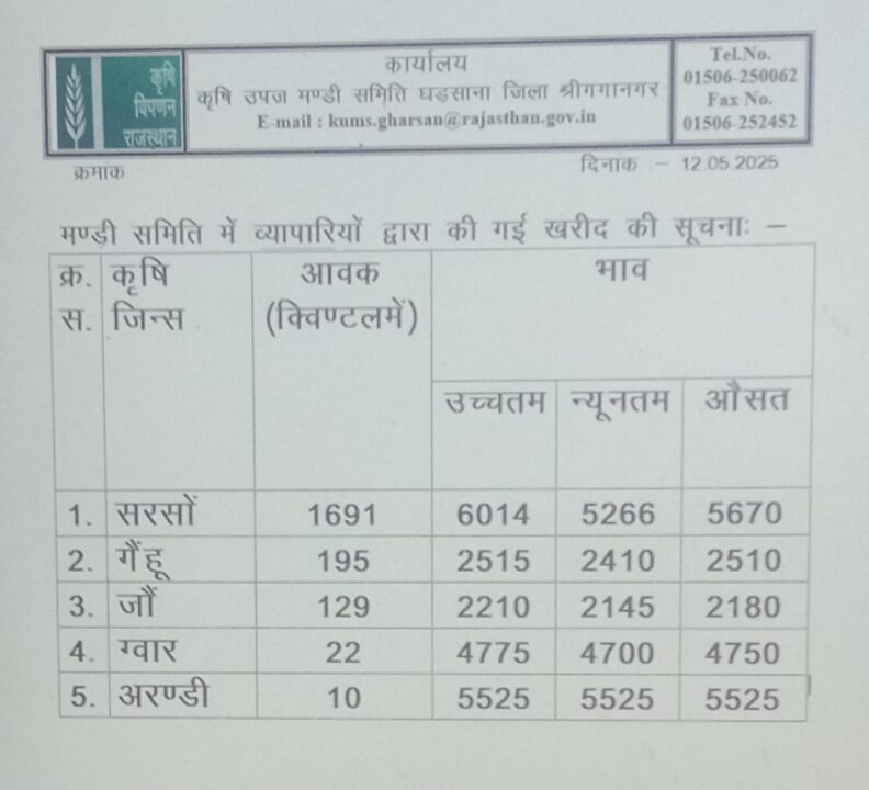 घड़साना मंडी के भाव 