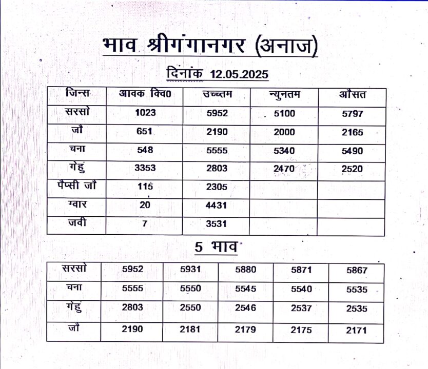 मंडी भाव 12 मई 2025